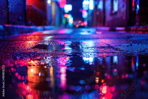 The image is a blurry reflection of a city street with neon lights and rain, generative ai image