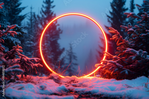 Glowing round neon frame in the evening snowy spruce forest in winter blank for presentation