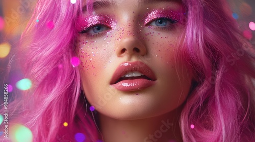 A beautiful y2kwoman with a fashionable pink makeup with glitter and confetti, celebrates the new year in style, capturing the joy of festive season with her striking pink hair and glamorous cosmetics