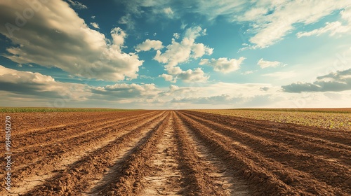 Vast, freshly plowed farm field under a dramatic cloudy sky, showcasing rural agriculture, land preparation, and natural beauty.