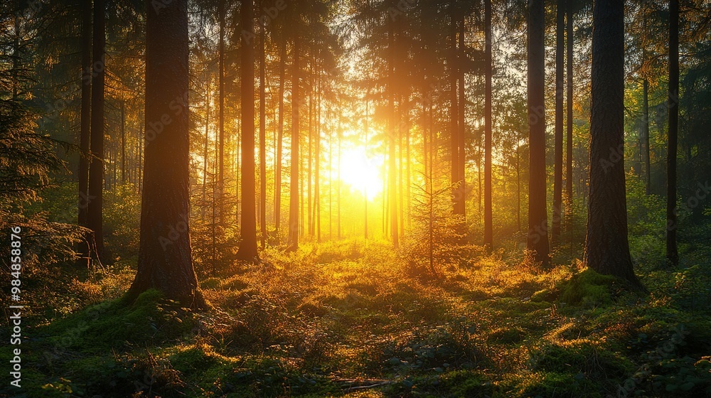 Fototapeta premium Serene forest landscape at sunrise, with golden light filtering through trees, creating a tranquil and peaceful atmosphere.