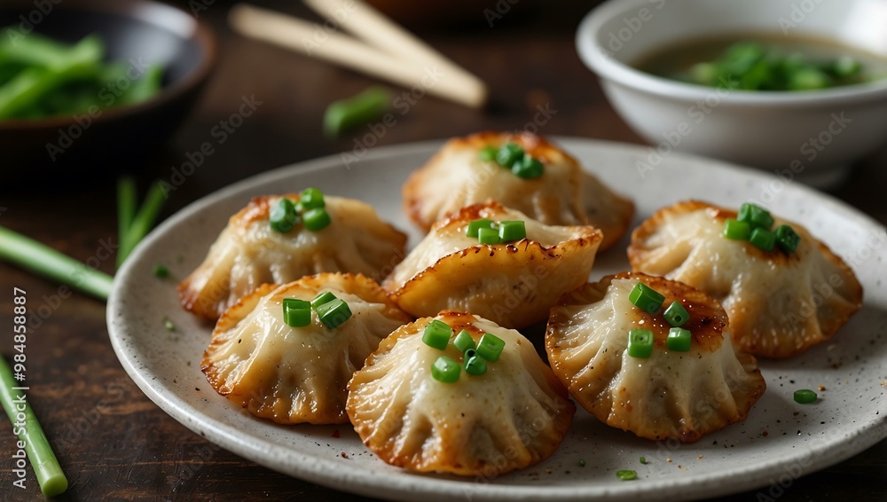 Pan-fried dumplings with green onion garnish. Pan-fried dumplings with green onion garnish.