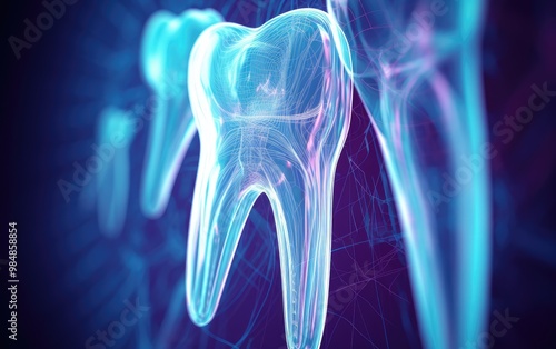 Close-up of a glowing, translucent tooth, with a blurred background of veins and nerves.