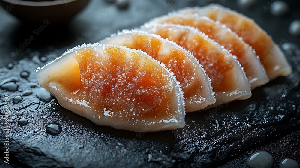 Close-up of four translucent, crescent-shaped dumplings with orange filling on a black slate plate with water droplets. Close-up of four translucent, crescent-shaped dumplings with orange filling on a black slate plate with water droplets.
