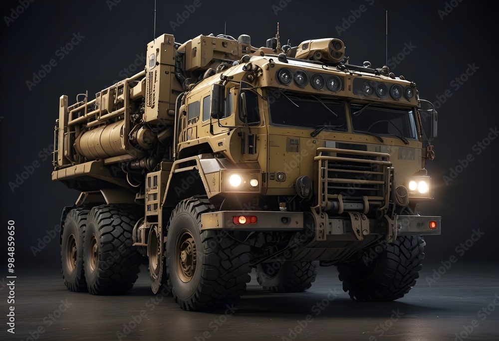 A large military vehicle with a yellow color A large military vehicle with a yellow color