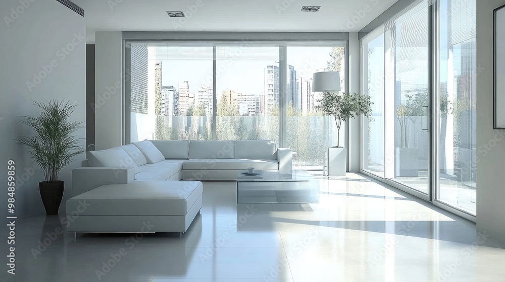 Fototapeta premium A modern minimalist living room with sleek furniture, neutral tones, and large windows allowing natural light to flood the space.