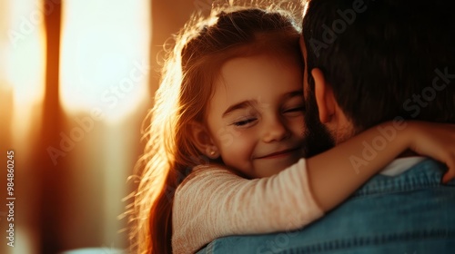 A touching close-up of a little girl joyfully hugging her father, symbolizing love, family, connection, happiness, and warmth. photo