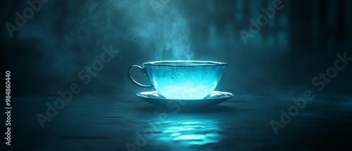 A cup of tea is sitting on a saucer in a blue light