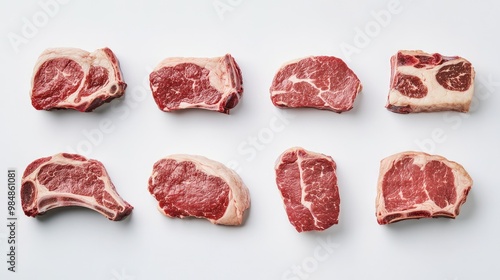 A neatly arranged display of fresh pork steaks, including different cuts like shoulder and ribeye, with a simple white background to emphasize their quality.