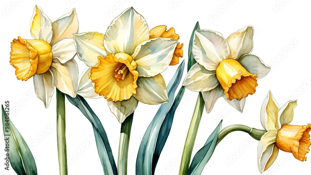 Fototapeta premium A hand-painted watercolor daffodil, emphasizing the bright yellow blooms and lush green leaves. This artistic floral representation captures the essence of spring