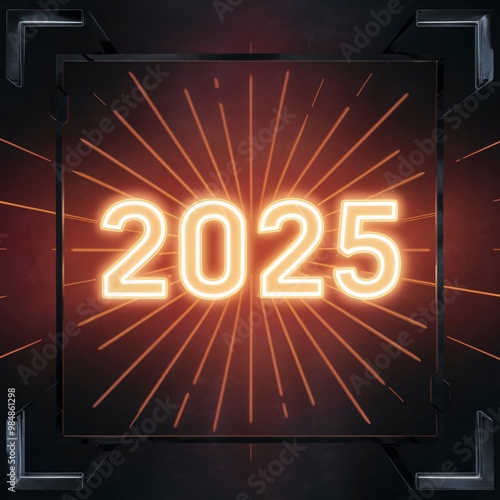 A striking image of a neon sign that reads '2025' in bold, vibrant orange letters. The sign is set against a dark background, emphasizing the intense glow.