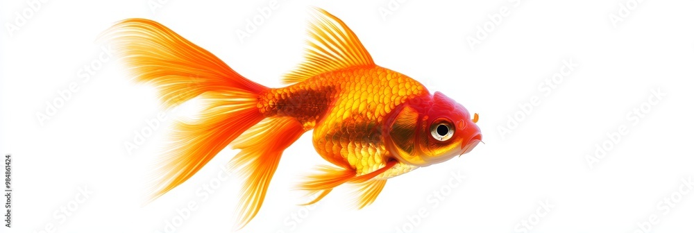 Fototapeta premium A vibrant orange goldfish with a red head swims gracefully through the water, its fins flowing beautifully, symbolizing freedom, joy, good luck, prosperity, and beauty.