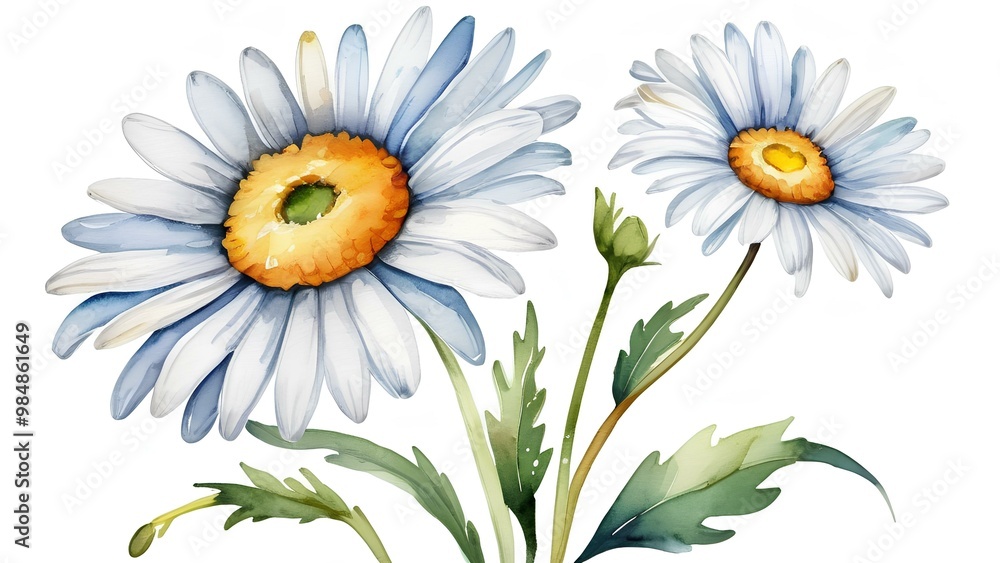 Fototapeta premium Hand-painted watercolor daisies with white petals and yellow centers. A delicate and beautiful representation of springtime nature in bloom