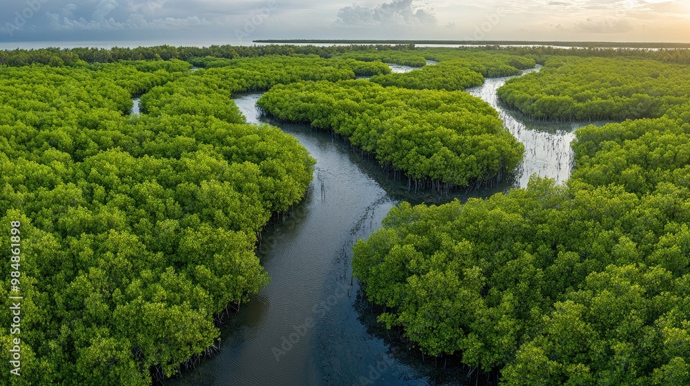 A panoramic view of a mangrove forest with a network of waterways and dense green vegetation, capturing the unique ecosystem and natural beauty A panoramic view of a mangrove forest with a network of waterways and dense green vegetation, capturing the unique ecosystem and natural beauty