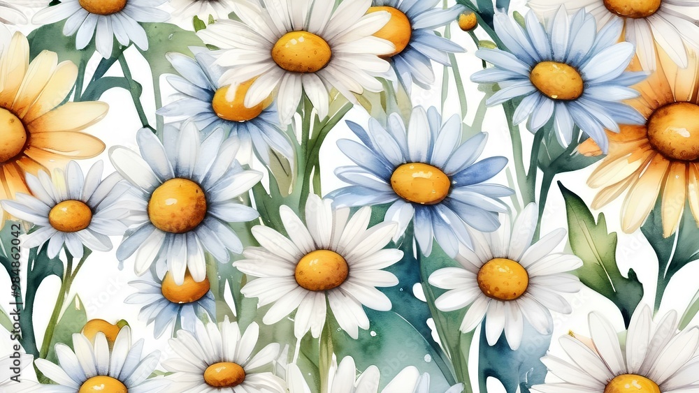 Delicate watercolor pattern of white daisies with lush greenery, perfect for spring and summer-themed designs, from textiles to wallpapers Delicate watercolor pattern of white daisies with lush greenery, perfect for spring and summer-themed designs, from textiles to wallpapers