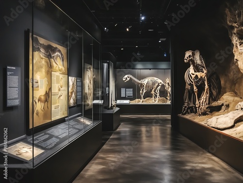 Fototapeta Naklejka Na Ścianę i Meble -  A captivating dinosaur exhibit at a natural history museum showcasing ancient fossils and informative displays under dramatic lighting.