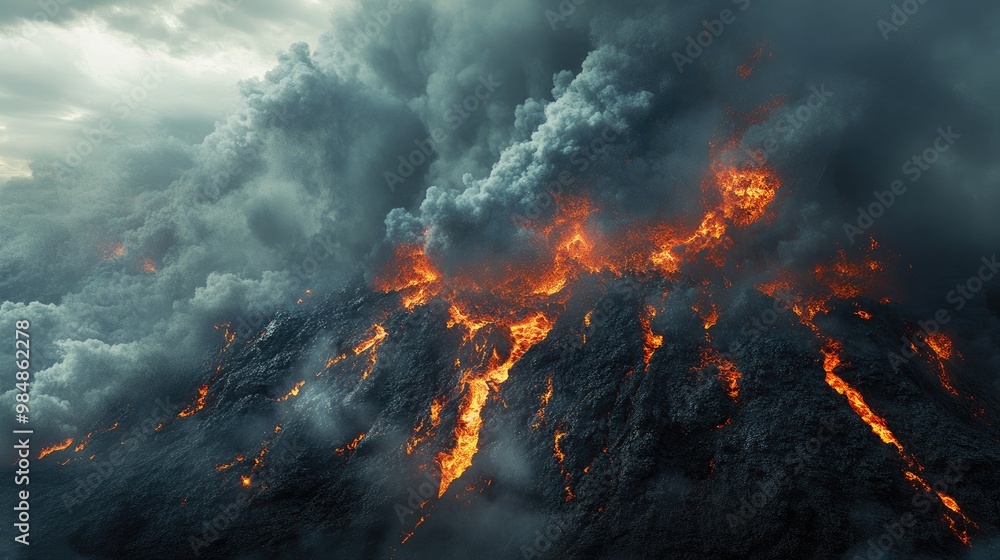 Fototapeta premium A panoramic view of a volcanic eruption with a massive ash cloud and flowing lava, capturing the scale and impact of the natural disaster.