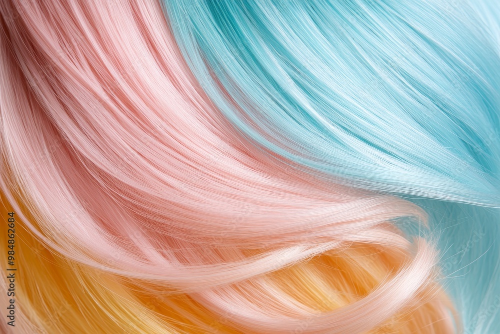 Close-up of vibrant pastel pink, blue, and yellow hair colors. A soft, dreamy, and stylish hair color concept. Close-up of vibrant pastel pink, blue, and yellow hair colors. A soft, dreamy, and stylish hair color concept.