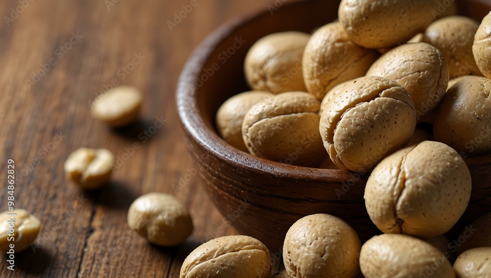 Pine nuts in a wooden bowl. Pine nuts in a wooden bowl.