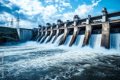 Large hydroelectric dam releasing water, generating clean energy under a blue sky with fluffy clouds. Powerful infrastructure and renewable resource.