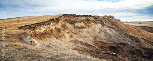 Eroded landscape with visible soil layers, demonstrating natural geological formations under cloudy sky. photo