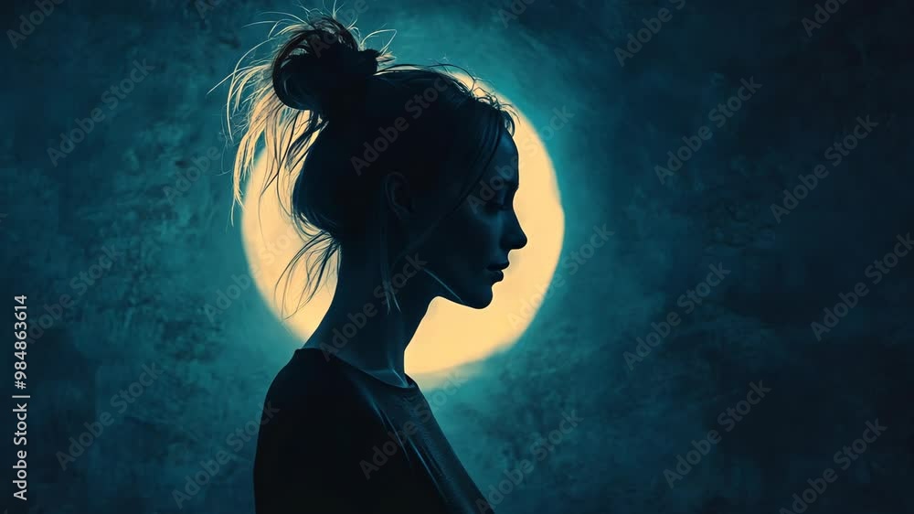Silhouette of a woman against a glowing moon backdrop in a serene nighttime setting Silhouette of a woman against a glowing moon backdrop in a serene nighttime setting