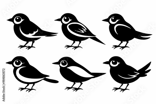 A set of six small birds, in black and white silhouette style, perched side by side, with clean and minimalist details. The birds have simple, elegant features with subtle shading to differentiate bod