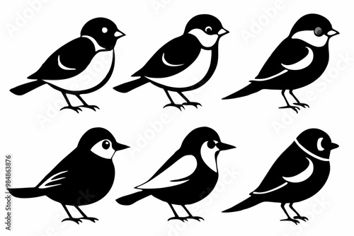 A set of six small birds, in black and white silhouette style, perched side by side, with clean and minimalist details. The birds have simple, elegant features with subtle shading to differentiate bod