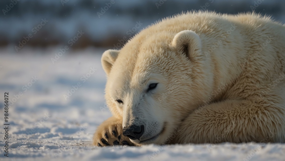 Polar bear cub napping, evoking tenderness and serenity. Polar bear cub napping, evoking tenderness and serenity.