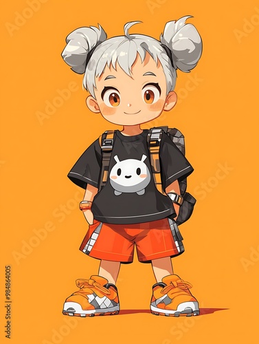 Cute cartoon girl with white hair, red shorts and a black t shirt. Illustration for children, anime and manga photo