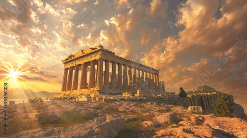 Majestic Sunset Over the Iconic Acropolis Ruins in Athens Greece