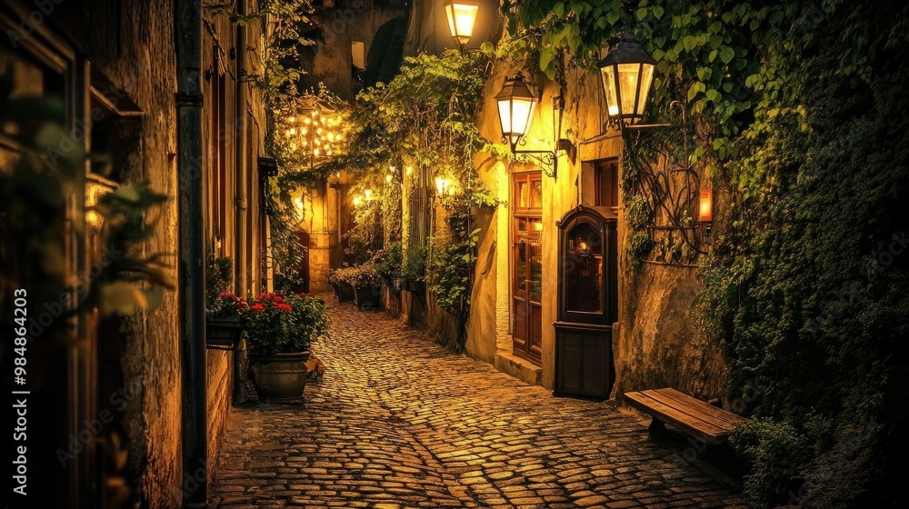 Fototapeta premium A picturesque alleyway illuminated by vintage street lamps, with a cobblestone path and charming architecture creating a romantic nighttime setting.