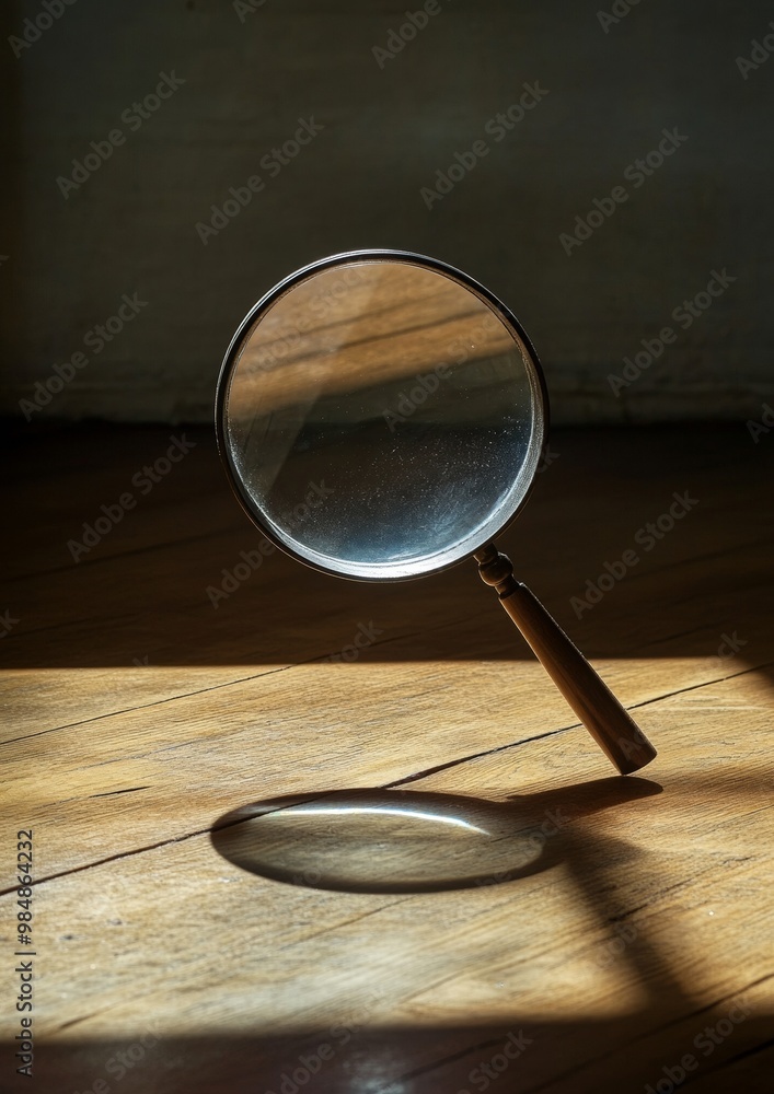 A magnifying glass is on a wooden floor A magnifying glass is on a wooden floor
