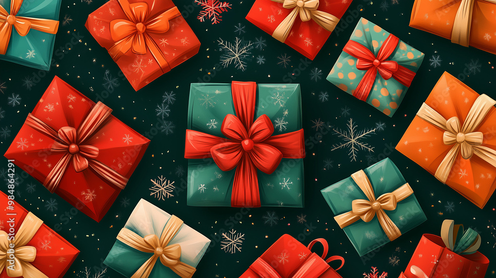 Festive collection of brightly wrapped gift boxes with ribbons and patterns on a dark background for holiday cheer Festive collection of brightly wrapped gift boxes with ribbons and patterns on a dark background for holiday cheer