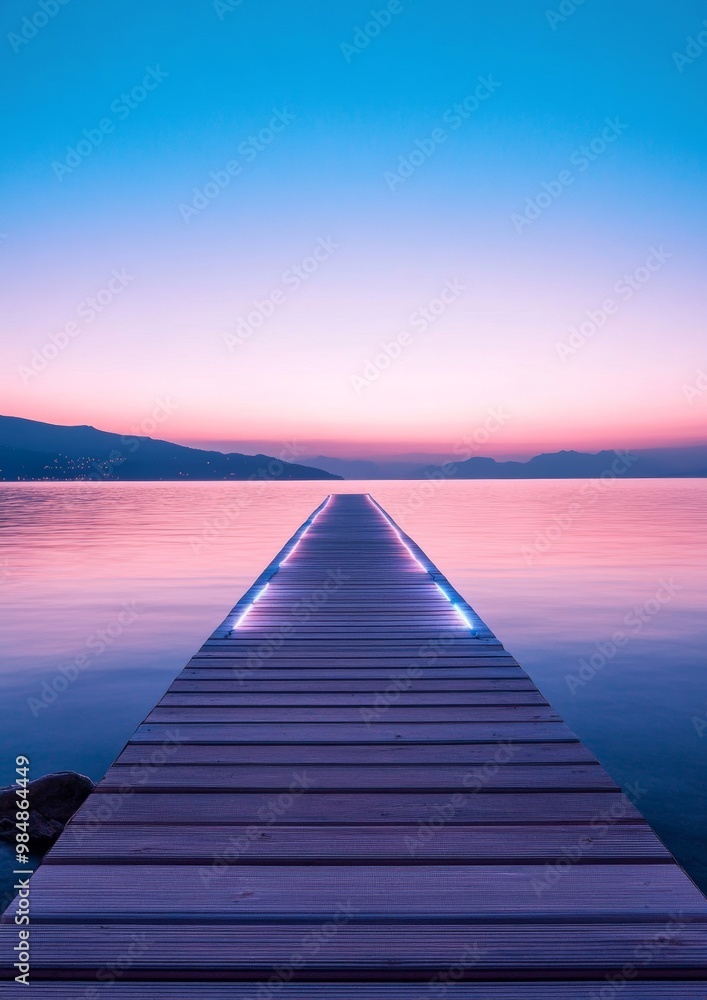 Fototapeta premium A wooden bridge spans a body of water, with a beautiful sunset in the background