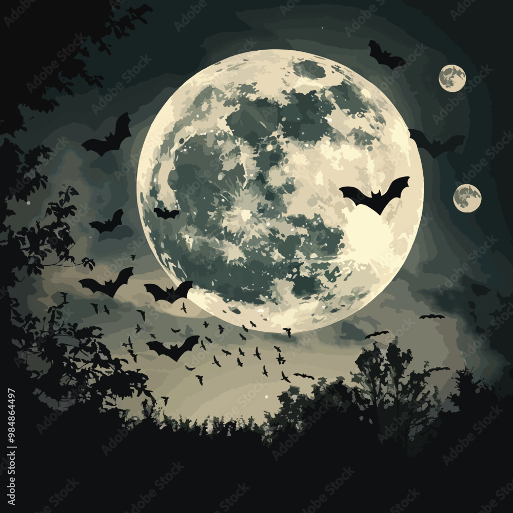 Background for halloween with a full moon with flying bats, Halloween elements, Happy Halloween Background for halloween with a full moon with flying bats, Halloween elements, Happy Halloween