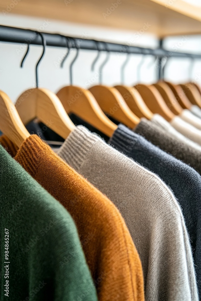 Fototapeta premium A collection of sustainable fashion items displayed on a rack, made from organic and recycled materials, illustrating the choices in ethical fashion