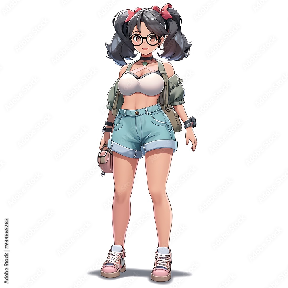 Anime girl with pigtails, glasses, and summer outfit, isolated on white background Anime girl with pigtails, glasses, and summer outfit, isolated on white background