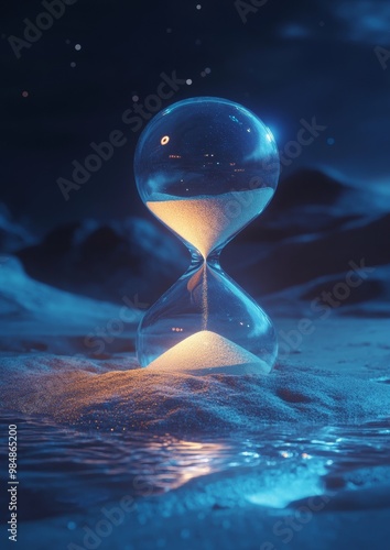 A glass hourglass is on a snowy mountain photo