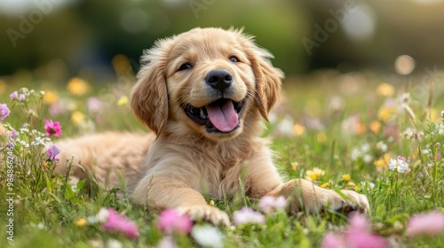 A playful golden retriever puppy lying on a grassy field with a big, happy smile, enjoying a sunny day and surrounded by colorful flowers.