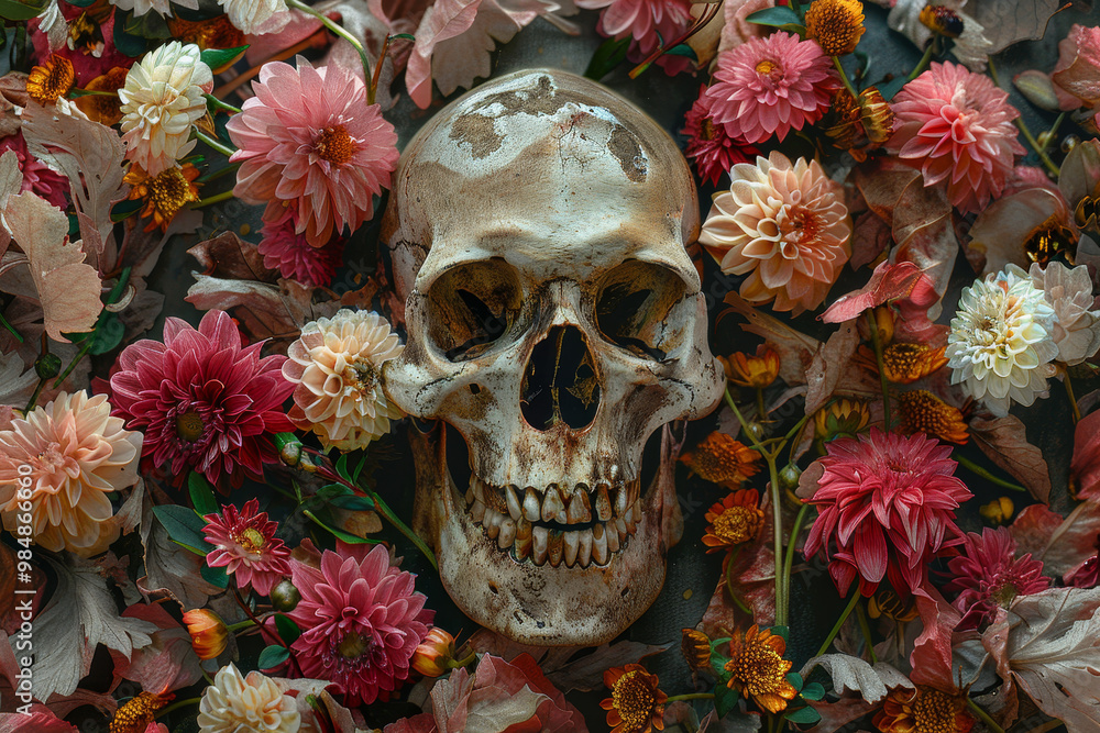 A skull is placed on top of a bed of flowers A skull is placed on top of a bed of flowers