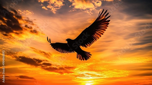 A powerful image of a bird in flight, captured as a silhouette against a dramatic sunset sky, highlighting the wingspan and motion of the bird.