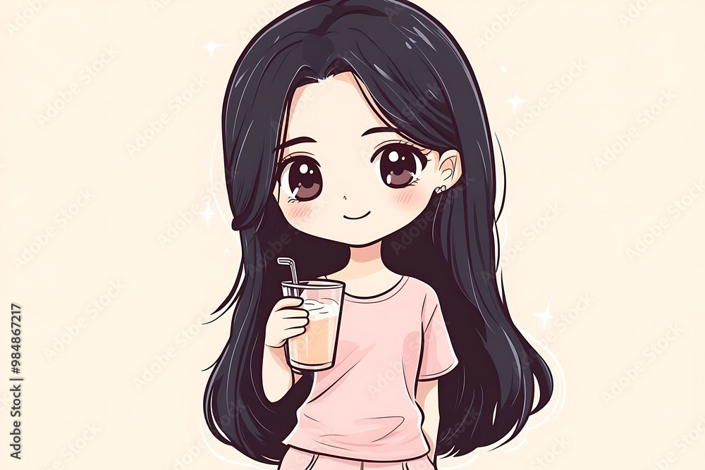 Cute Anime Girl with Long Black Hair Drinking a Beverage Cute Anime Girl with Long Black Hair Drinking a Beverage