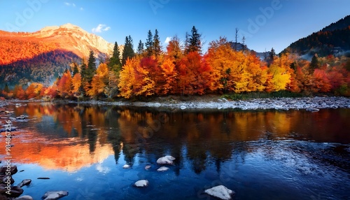 Autumn landscape reflecting colorful trees on a calm river beneath clear blue skies.