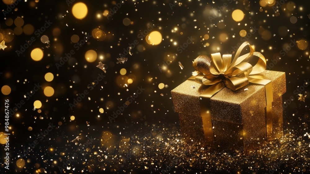Golden gift box with a bow and confetti on festive glittering dark bokeh background transparent background Golden gift box with a bow and confetti on festive glittering dark bokeh background transparent background