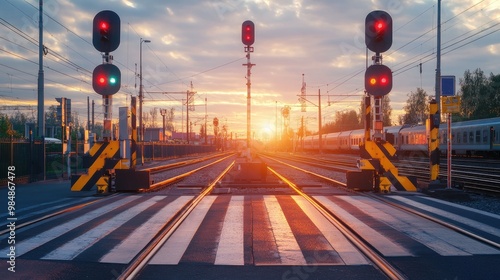A railway crossing with signals and barriers in operation, and a train approaching in the distance, emphasizing the safety measures and infrastructure.