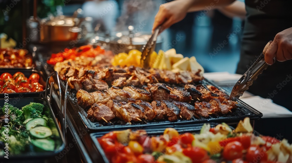 Naklejka premium Grilled meat and vegetables, Food on a buffet table at the hotel, Group of people on catering buffet food indoor in restaurant with grilled meat Buffet service