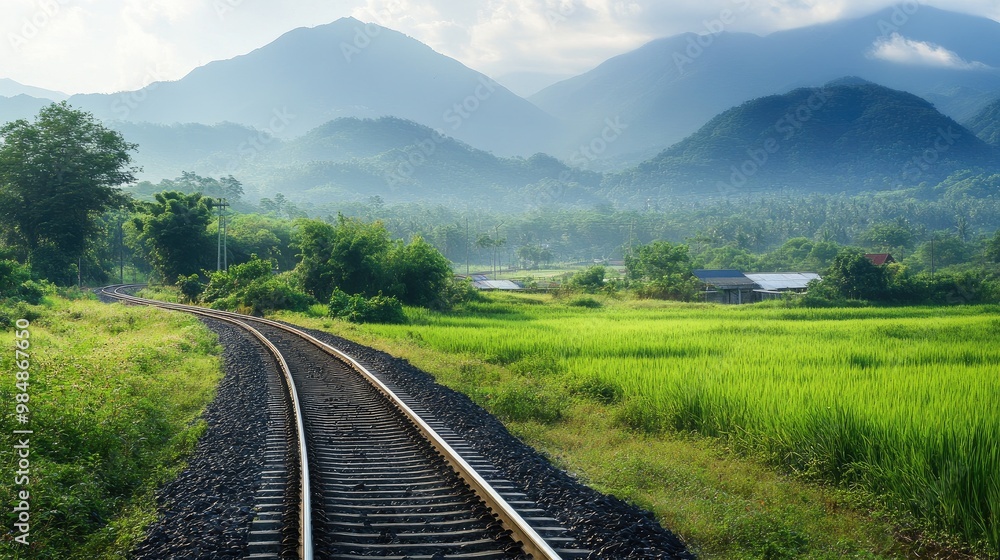 A railway track passing through a picturesque landscape with lush green fields and mountains in the background, evoking a sense of travel and adventure. A railway track passing through a picturesque landscape with lush green fields and mountains in the background, evoking a sense of travel and adventure.