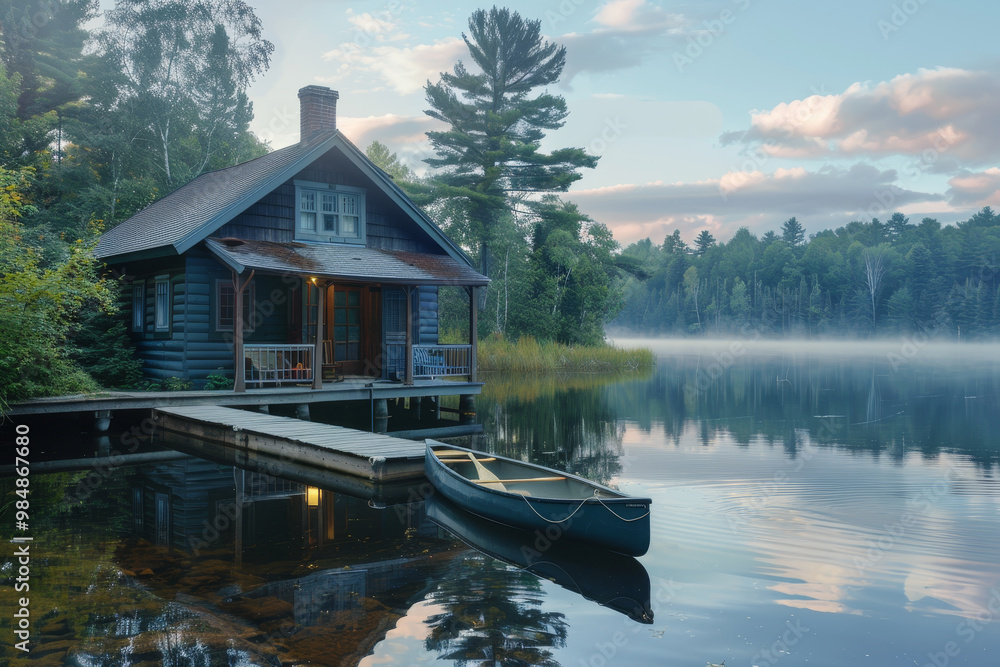Obraz premium A cabin with a dock and a canoe is on a lake
