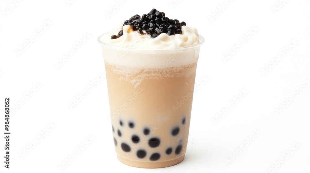 A refreshing and creamy bubble tea with a layer of frothy foam on top, featuring classic black tapioca pearls, set against a crisp white background. A refreshing and creamy bubble tea with a layer of frothy foam on top, featuring classic black tapioca pearls, set against a crisp white background.